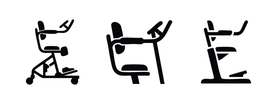 Stationary exercise bike icon set, representing fitness, gym, and healthy lifestyle.