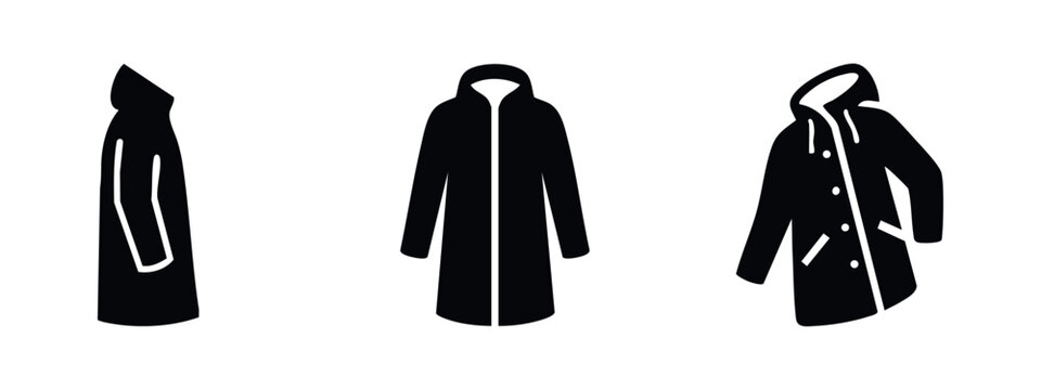 Raincoat and hooded jacket icon set, ideal for weather, fashion, and outdoor themes.