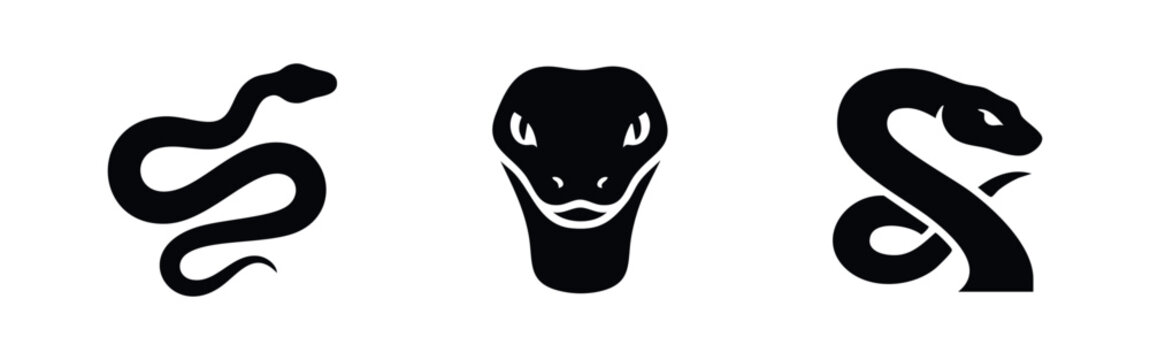 Snake icon set. Cobra, python, and viper heads and bodies in black silhouette. Reptile symbol collection.