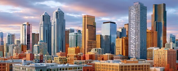Naklejka premium Wide panoramic view of a bustling downtown city skyline with modern skyscrapers at sunset