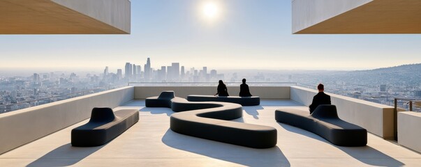Obraz premium Three people on a modern rooftop terrace overlooking a sprawling city skyline at sunrise