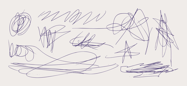 Messy Pen Scratch Set. Hand-drawn Blue Pen Ball Scribble and Doodle. Abstract Chaotic Line with Loops, Stars and Strokes for Texture, Background, Design Element.