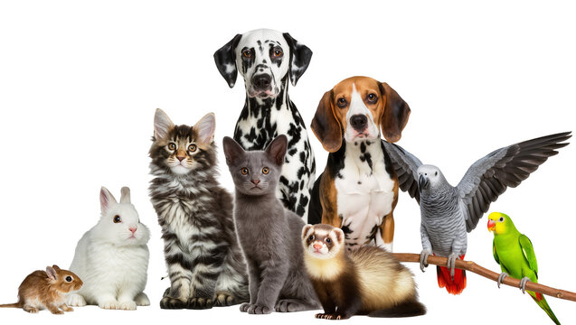Group of domestic animals and birds including dogs cats rabbit ferret mouse, and parrots