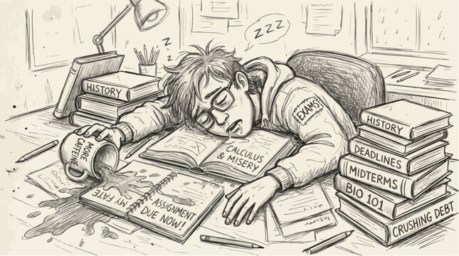 Hand drawn sketch of exhausted student sleeping on desk, tired college boy overwhelmed by exams and deadlines, burnout and academic stress concept
