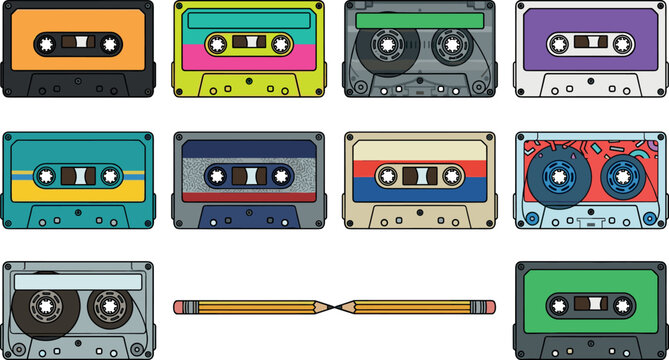 Retro Audio Cassette Tape Vector Set with Colorful Vintage Mixtapes and Yellow Pencils for Eighties and Nineties Analog Music Nostalgia Graphic Designs