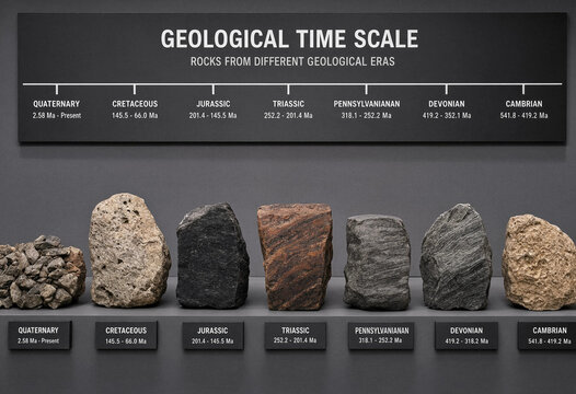 Geological time scale display with representative rock specimens from different eras including quaternary, cretaceous, jurassic, and cambrian