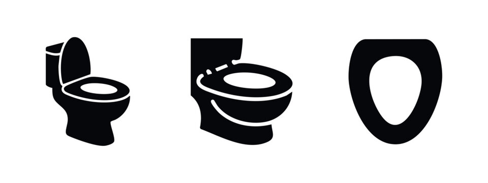 Toilet and Toilet Seat Icon Set. Black and white vector illustrations of bathroom fixtures.