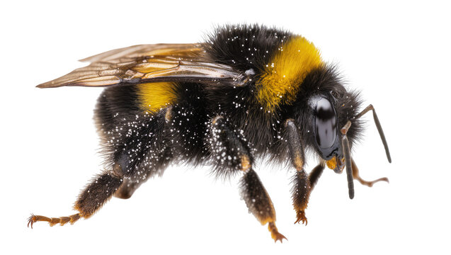 Bumblebee with yellow and black stripes covered in white pollen