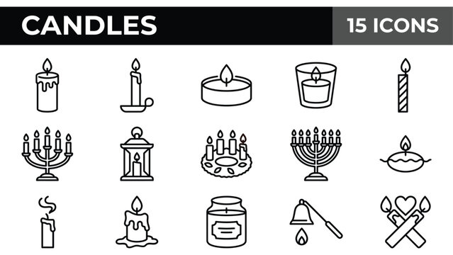 Minimalist candle line icons, set of 15 candle vector symbols, modern wax and flame graphics for spa and home decor