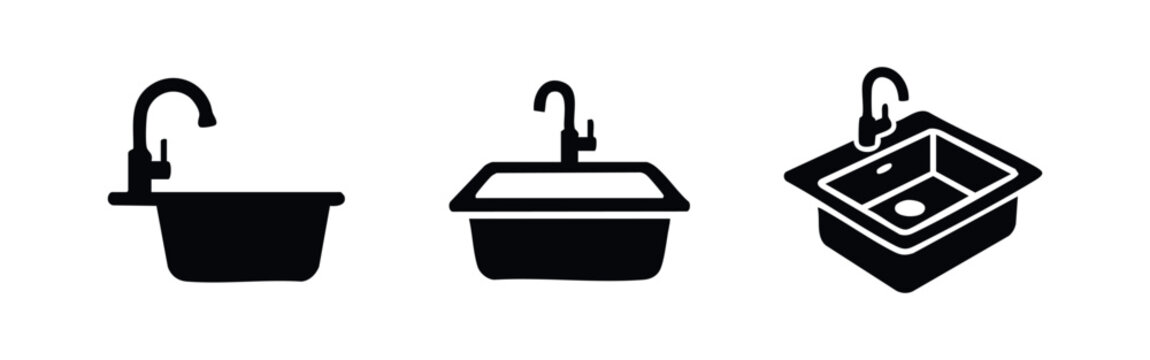 Kitchen sink icons set. Faucet, plumbing, and domestic appliance vector illustration.