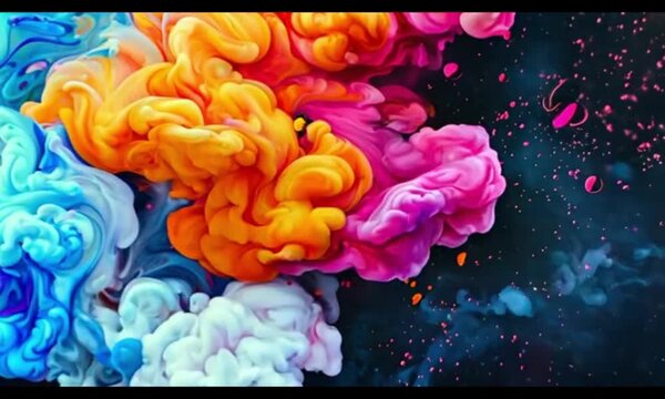 Blobs of dense ink in blue, orange, yellow, and pink slowly spread and mix in the water. This visual effect creates a dynamic visualization resembling a cosmic cloud or mini galaxy, 