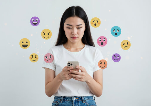 Young Asian woman looking down at her mobile phone surrounded by colorful floating holographic emoji faces showing mixed positive and negative human emotions on a plain white studio background.