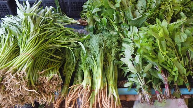 Fresh greens cabbage, string beans, parsley and other vegetable on asian market in Thailand. 4K footage clip