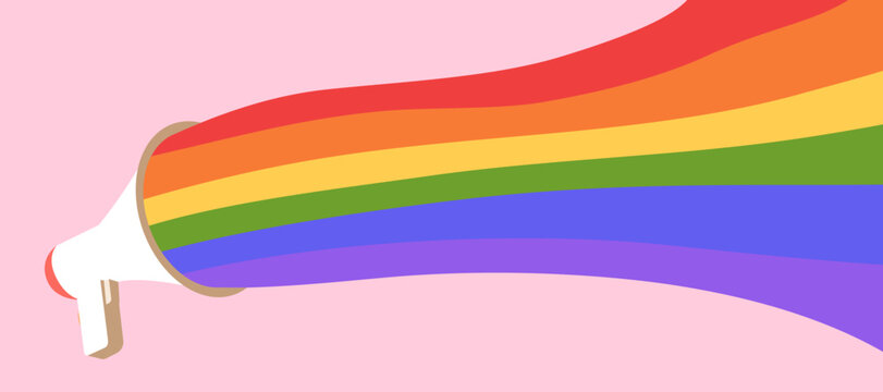 Vector cartoon illustration of a speaker throwing a rainbow pride flag on a pink background. LGBTQ awareness and communication concept