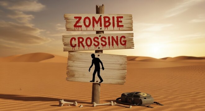 Zombie Crossing Sign in Desert Landscape at Sunset.