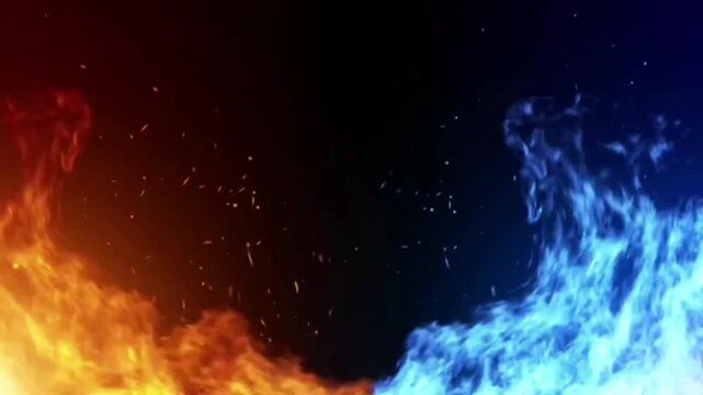 In the lower left corner, a warm, burning orange-gold flame burns, while in the lower right corner, a cool but intense neon blue flame burns.