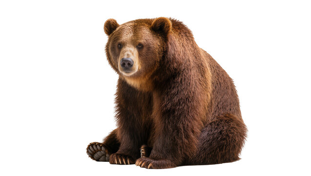 Brown bear sitting full body facing forward, white