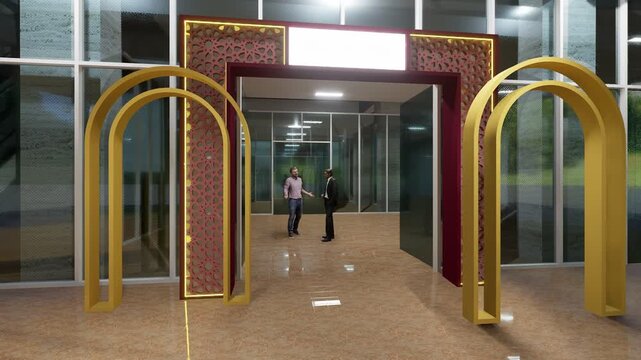 3D construction phasing animation of an Islamic event entrance gate mockup. Architectural assembly sequence featuring Arabic geometric patterns, minaret towers, and blank branding signage interior