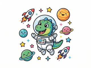 Obraz premium Cheerful Dinosaur Astronaut Floating In Outer Space With Planets And Rockets Art