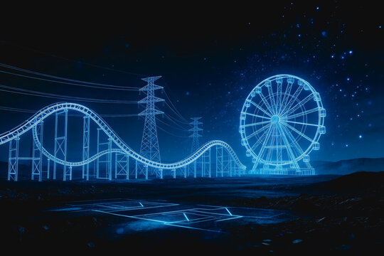 A futuristic wireframe-style neon amusement park set against a dark starry night landscape with power towers.