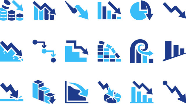 Collection of icons illustrating financial crisis economic recession and market downturn trends decline.