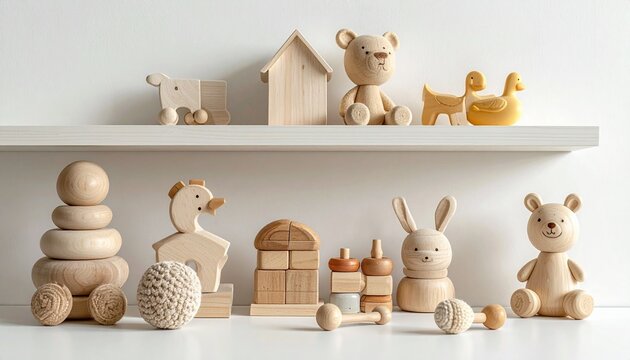 Minimalist wooden toys on a shelf, including stacked animals, blocks, ring stacker, duck pull toy, and crocheted rattle.