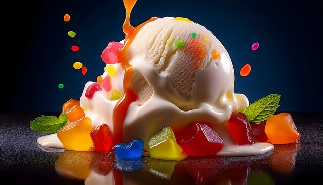 Gourmet vanilla ice cream scoop with colorful tutti frutti chunks and syrup drizzle
