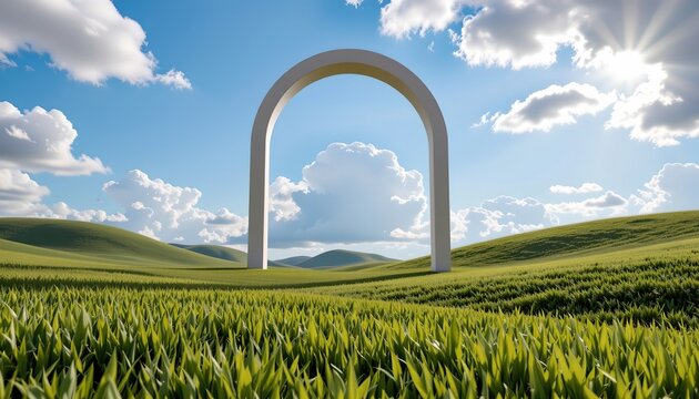 Serene Landscape with Modern Archway and Vibrant Clouds