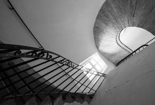 Staircase of an Art Nouveau building in Budapest's Jewish Quarter. Elegant historic architectural detail in the style of the Hungarian Secessionist  movement. 