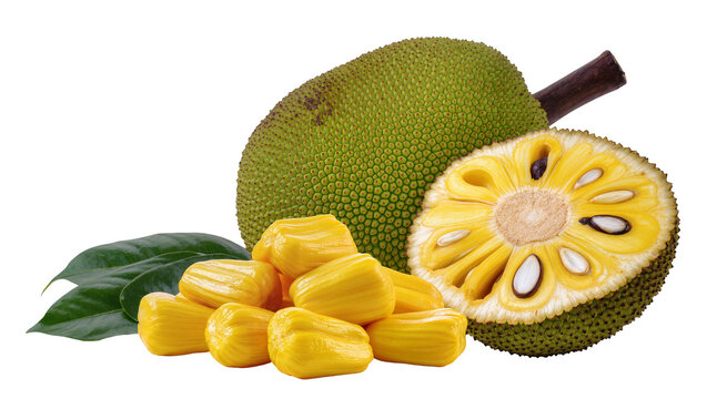Whole and sliced jackfruit with yellow bulbs and green leaves
