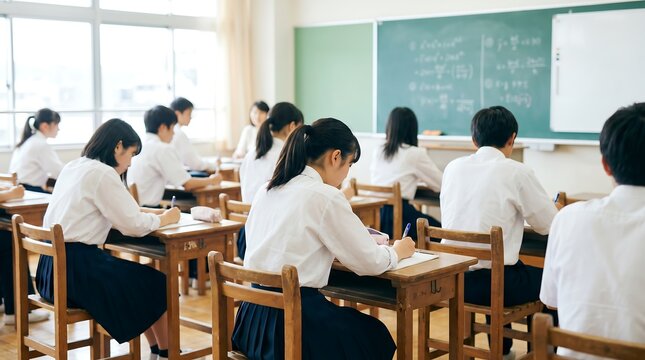 Japanese high school students wearing traditional uniforms sitting at wooden desks in classroom while writing notes during educational lesson with green chalkboard in background