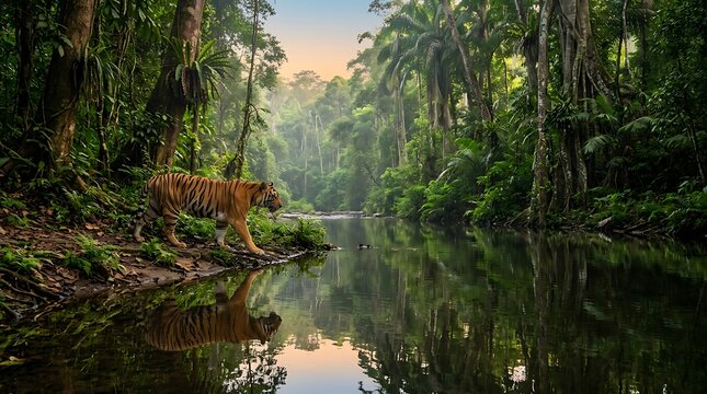 Majestic Tiger Reflecting in Jungle River at Sunrise