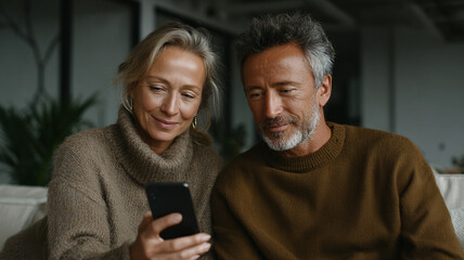 Obraz premium Senior couple smartphone home happy Asian adult man woman using device together on sofa with warm indoor lifestyle moment