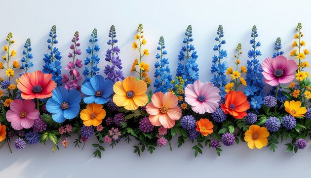 Vibrant horizontal arrangement of multicolored spring flowers including blue delphiniums and bright anemones on a white background