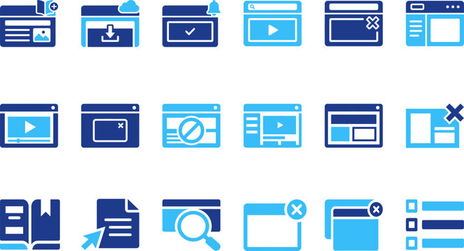 Web and interface icons in blue and dark blue, browser window elements, navigation, content blocks.