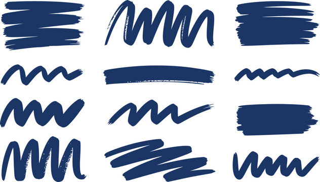 Collection of dark blue hand drawn brush stroke shapes