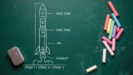 Fototapeta premium A detailed rocket diagram on a chalkboard with colorful chalks and an eraser.