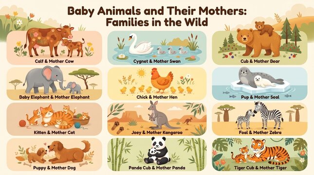 Baby animals and mothers preschool learning chart animal families