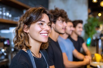 Fototapeta premium Multicultural group of employees smiling and standing together in a modern cafe, showcasing teamwork and collaboration in a vibrant work environment with copy space