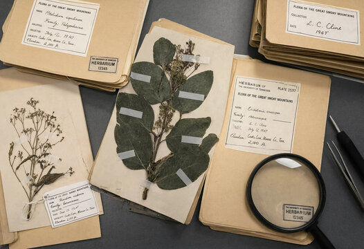 Dried plant specimens mounted on paper sheets with labels and a magnifying glass on a desk for botanical research in a university herbarium