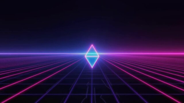 Futuristic Neon Landscape with Grid and Golden Triangle Shape Illumination in a Dark Background