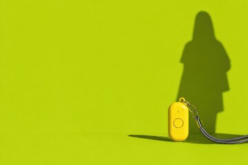 Yellow personal alarm with human shadow on bright green background