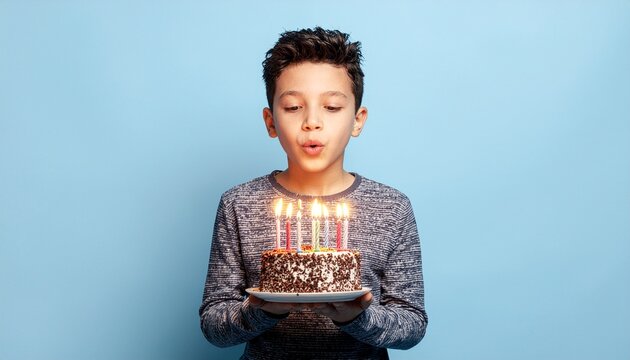 Young boy blowing out candles on a chocolate birthday cake against a blue background