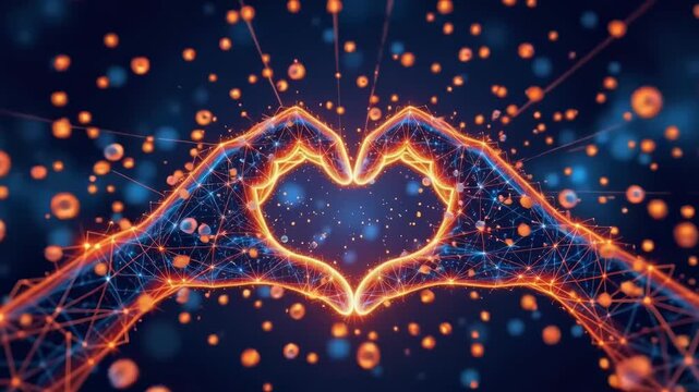 Hands Forming Heart Shape with Neon Effects and Colourful Particles in Dark Background