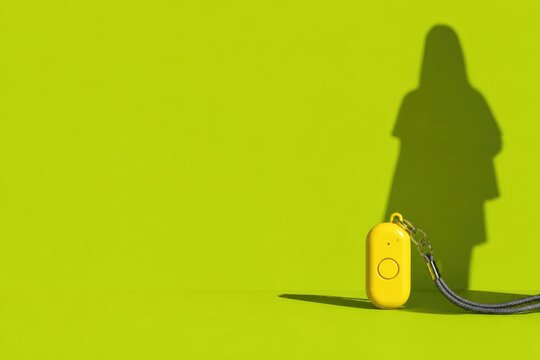 Yellow personal alarm with human shadow on bright green background