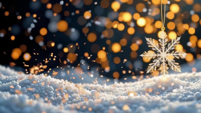 Snowflake Ornament Hanging Above Sparkling Snow with Warm Bokeh Background in Winter Wonderland