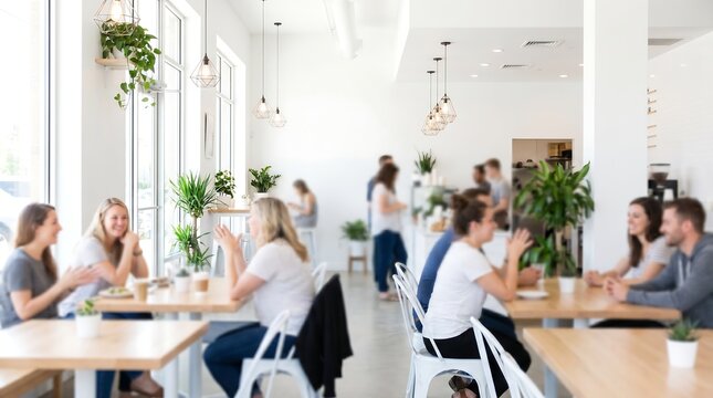 Group of young women and men sitting at wooden tables in bright modern cafe talking and drinking coffee with blurred background for lifestyle and social concepts