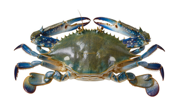 Blue crab with sharp claws and spotted legs