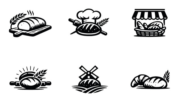 Bakery Bread Shop Logo Collection Black and White Food Business Vector Set