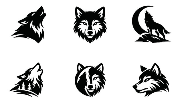  Wolf Head Mascot Logo Collection Black and White Wildlife Vector Illustration